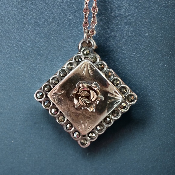 Vintage Silver Handmade 3-D Rose square pendant with Marcasite estate piece - Picture 11 of 15